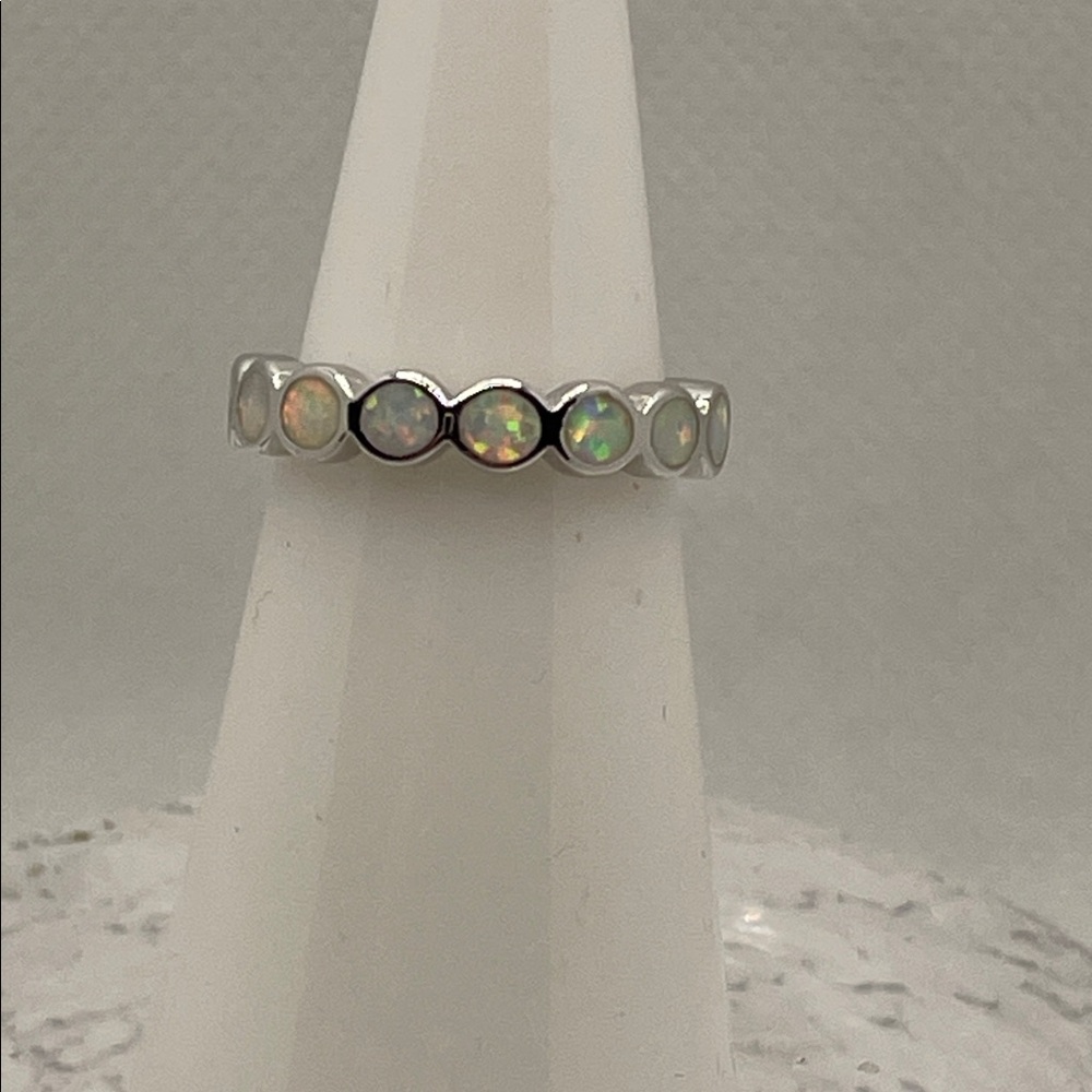 925 Polished Sterling Silver Eternity Band with Simulated Opals